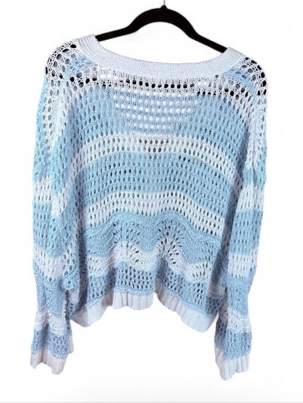 POL Light Blue and White Open-Knit V-Neck Cropped Oversized Crocheted Cardigan S - Picture 3 of 7